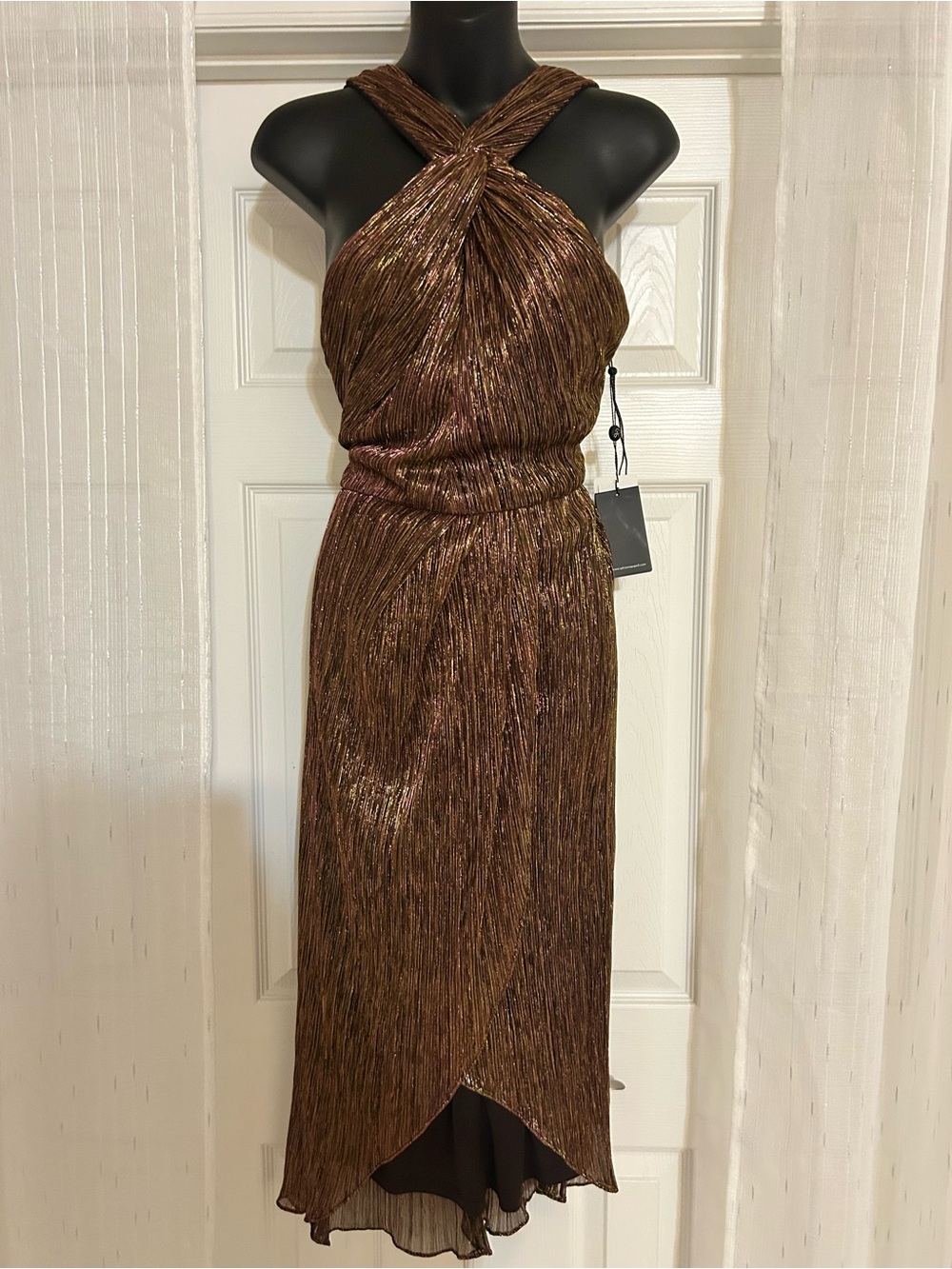 Adrianna Papell Bronze Metallic Twist Halter Midi Dress